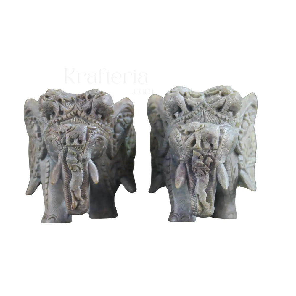 Pair of Elephants in Soft Stone – Intricate Jali Carving Handcrafted Artwork Bachcha Lal