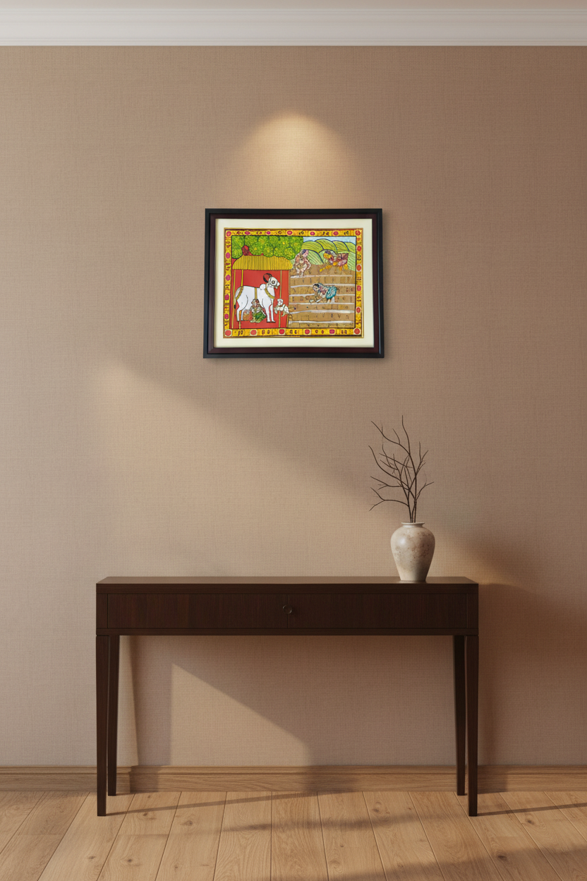 Hand-Painted Cheriyal Painting - Paddy Harvest & Cattle Care Cheriyala Painting