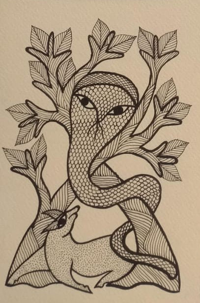 Sentinel of the Night Hand-Inked Gond Owl Tribal Art Paintings