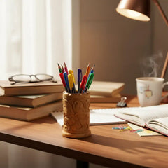 Hand-Carved Wooden Pen Stand – Elegant Desk Organizer Accessories