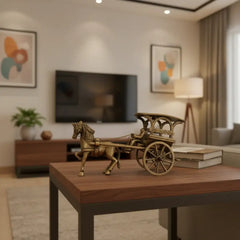 Vintage Style Brass Horse and Chariot Figurine | Handcrafted Indian Tonga / Buggy Decor Brass Ware