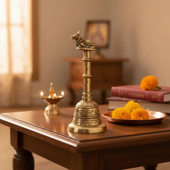 Traditional Brass Ghanta | Temple Bell with Auspicious Nandi Bull Finial Brass Ware