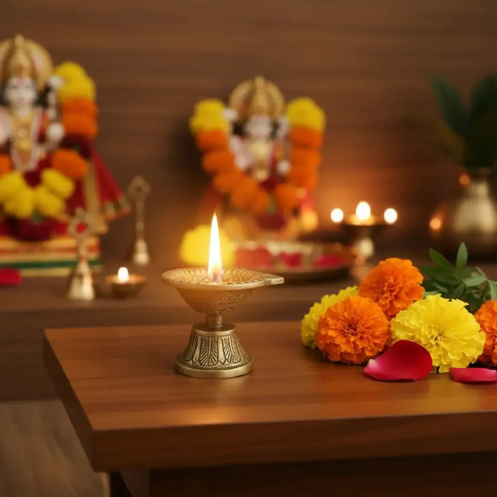 Classic Pedestal Brass Diya with Intricate Carvings Brass Ware