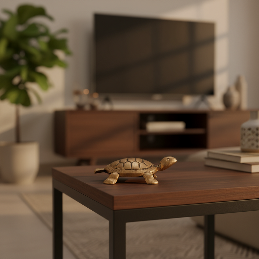 Small bronze turtle figurine with detailed shell pattern on a white background.