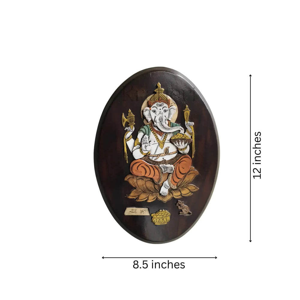 Lotus-Seated Ganesh – Exquisite Oval Rosewood Inlay Frame Inlay Art