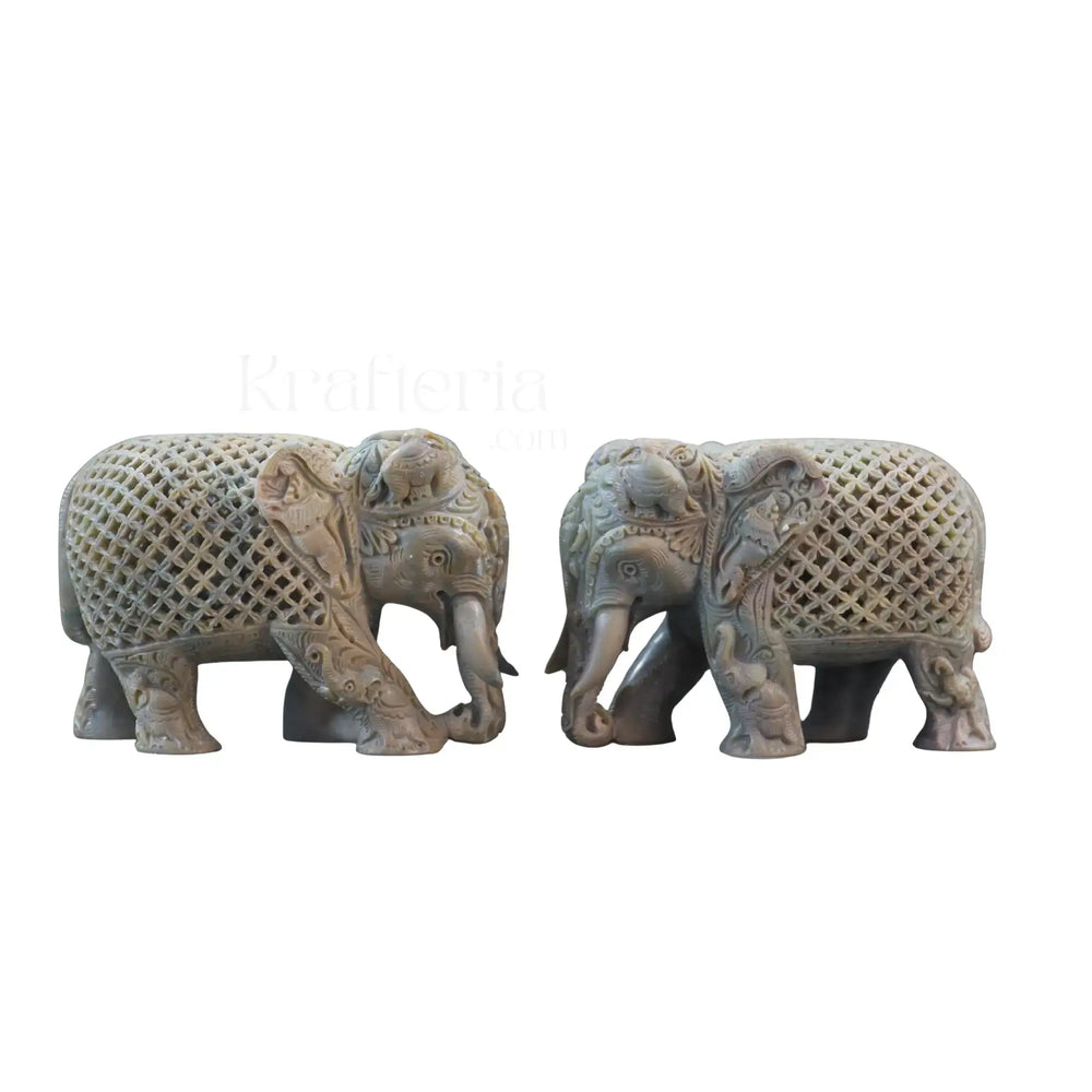 Pair of Elephants in Soft Stone – Intricate Jali Carving Handcrafted Artwork Bachcha Lal