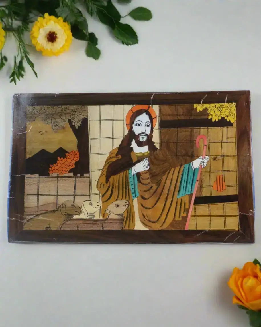 Handcrafted Rosewood Inlay Jesus Frame – Elegant Christian Wall Art Arun