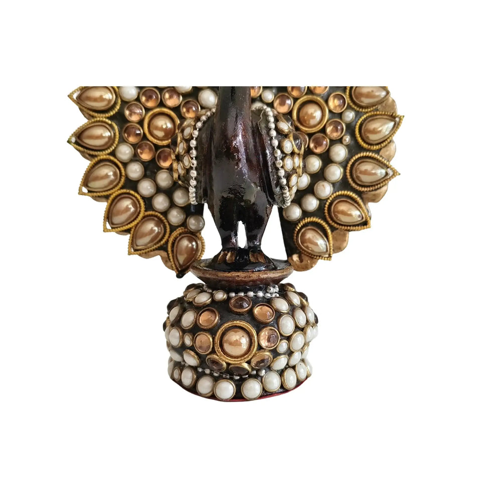Traditional Indian Style Adorned Peacock Showpiece Idol Wooden Decorative