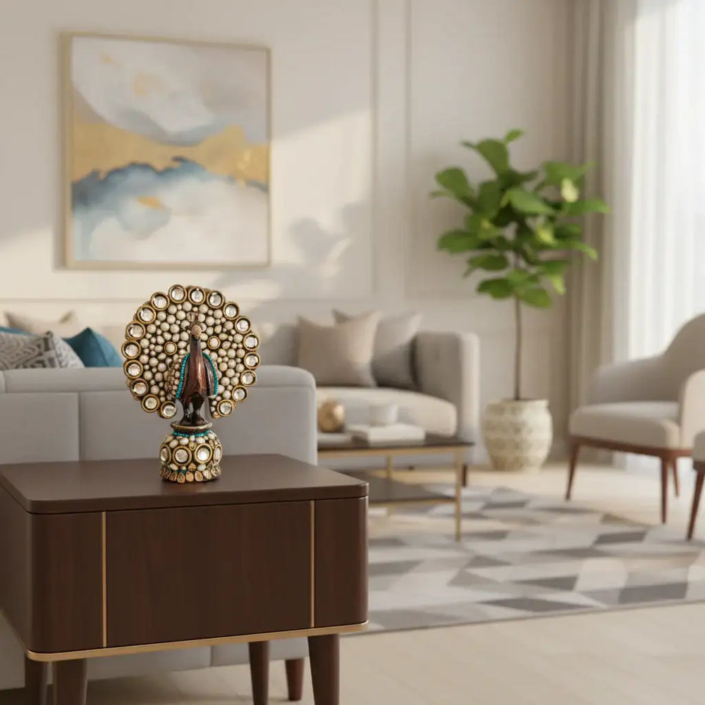 Traditional Indian Style Adorned Peacock Showpiece Idol Wooden Decorative