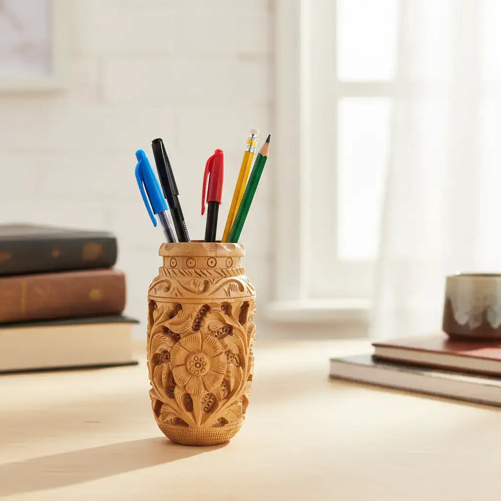 Hand-Carved Wooden Pen Stand – Elegant Desk Organizer Accessories