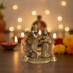 Brass Radha Krishna Idol with Flute and Peacock – Symbol of Eternal Love and Devotion Brass Ware