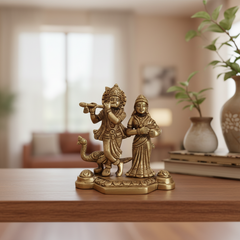 Brass Radha Krishna Idol with Flute and Peacock – Symbol of Eternal Love and Devotion