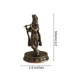 Brass Idol of Lord Krishna with Flute (Murali) on Detailed Pedestal