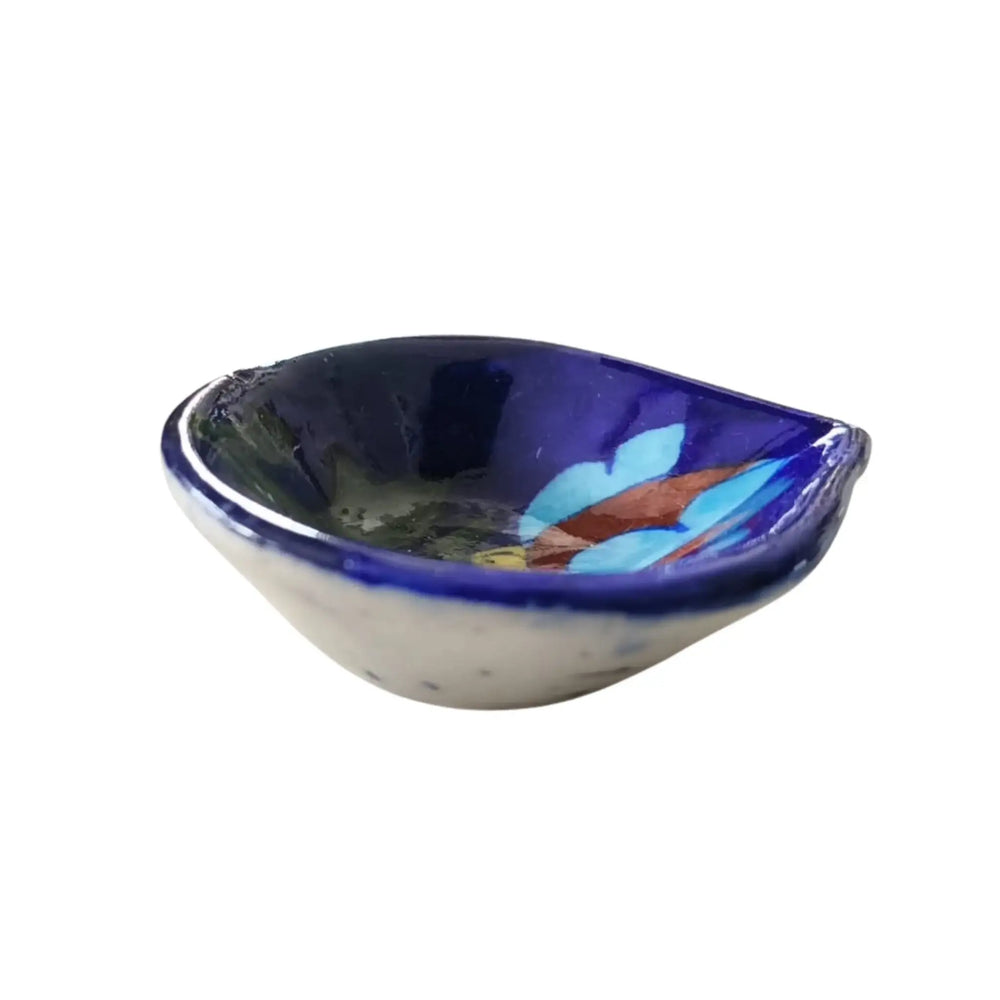 Leaf/Teardrop Shaped Blue Pottery Diya | Abstract Floral Oil Lamp Pottery