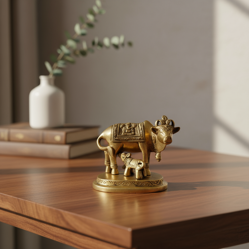Handcrafted divine brass Kamdhenu cow statue with her calf, adorned with intricate details and a crown, for Hindu pooja, vastu, and prosperity.