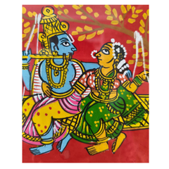 Radha Krishna on Swing (Jhoola) - Handcrafted Cheriyal Folk Art Painting Cheriyala Painting