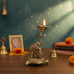 Ornate Brass Elephant Diya/Candle Holder – Traditional Oil Lamp for Home Temple & Festive Décor