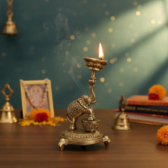 Ornate Brass Elephant Diya/Candle Holder – Traditional Oil Lamp for Home Temple & Festive Décor Brass Ware
