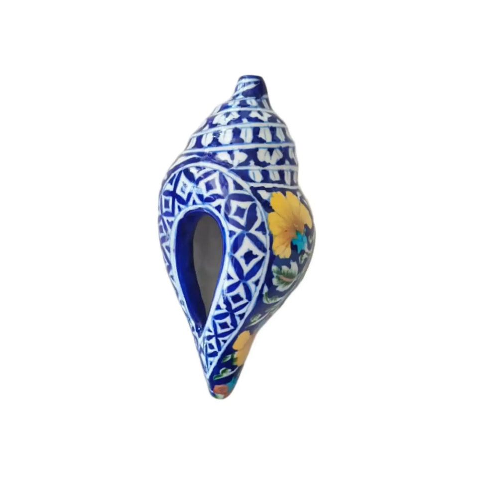 Hand-Painted Blue Pottery Shank Decor | Traditional Conch Shell Art Pottery