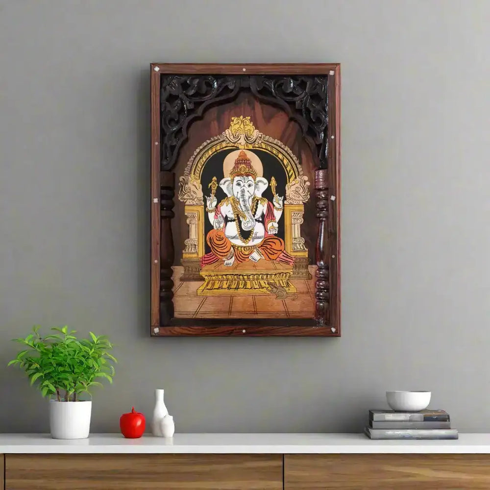 Traditional Rosewood Inlay Wall Art – Lord Ganesha in Divine Temple Arch Inlay Art