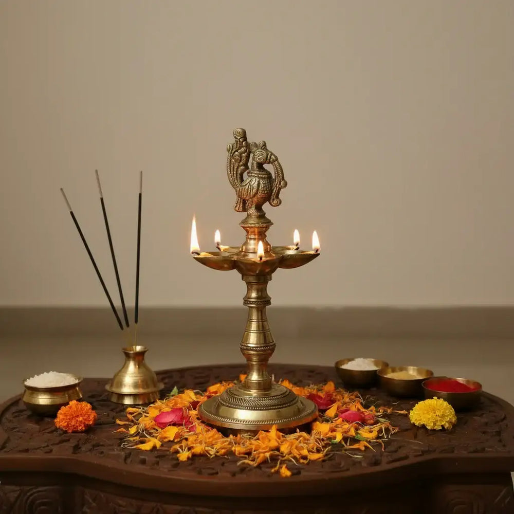 Deepak/Diya Lamp with Peacock (Mayur) Finial, A Symbol of Light and Prosperity Brass Ware