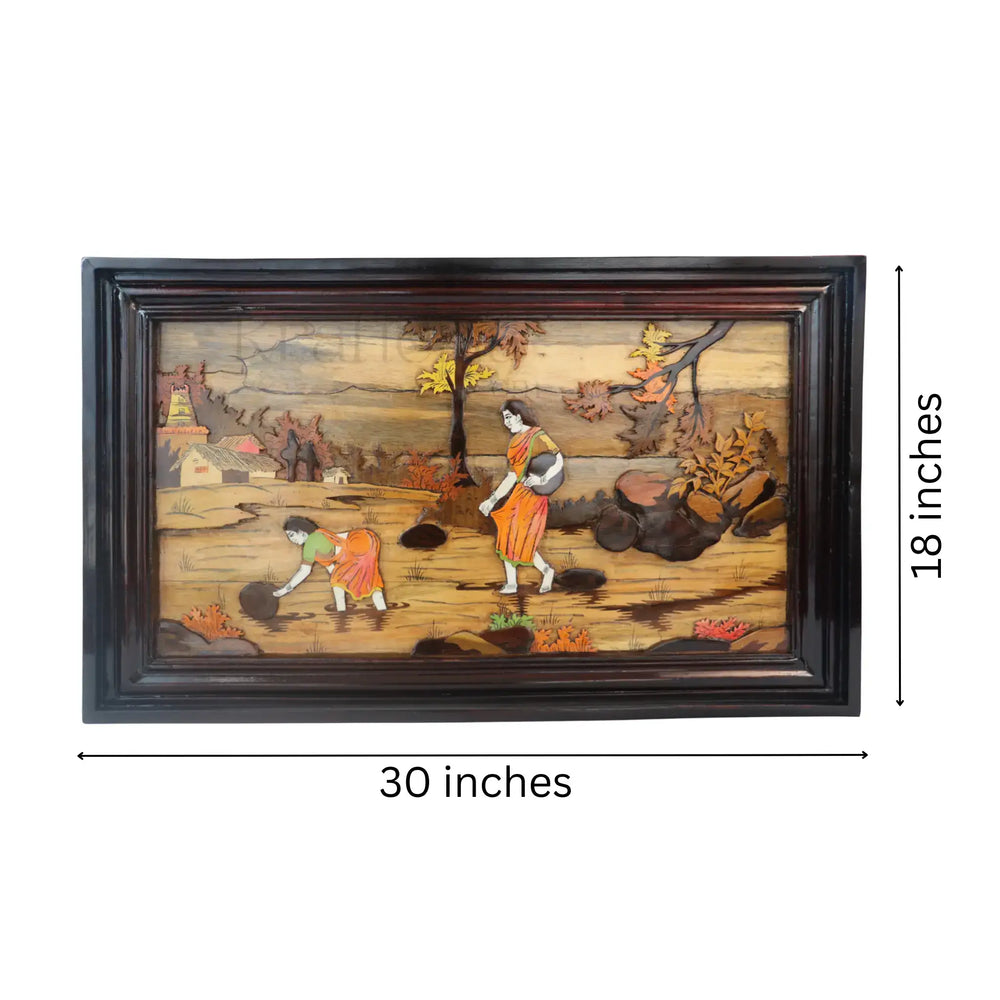 Village Life by the Riverside – Handcrafted Rosewood Inlay Frame Inlay Art