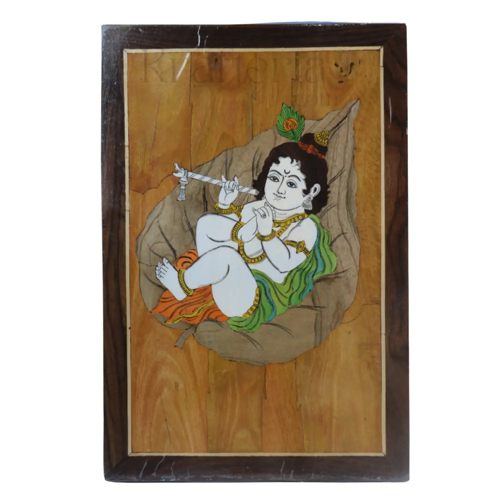 Charming Little Krishna in Rosewood Inlay – Handcrafted Religious Wall Décor Arun