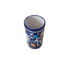 Artisanal Blue Pottery Pen Holder | Floral Desk Organizer Pottery