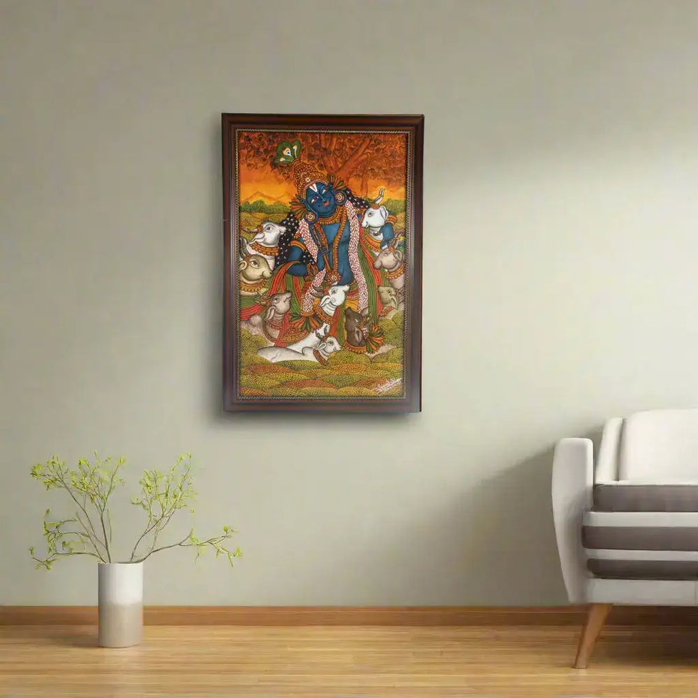 Kerala Mural Painting – Krishna in Vrindavan with Cows Paintings