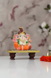 Divine Marble Ganesha Murti Seated Gracefully on Pooja Chowki Marble Soft Stone