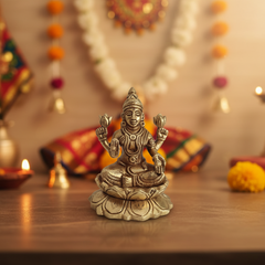 Brass Idol of Goddess Lakshmi Seated on Lotus – Ashtalakshmi Form for Prosperity