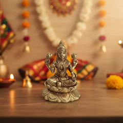 Brass Idol of Goddess Lakshmi Seated on Lotus – Ashtalakshmi Form for Prosperity Brass Ware