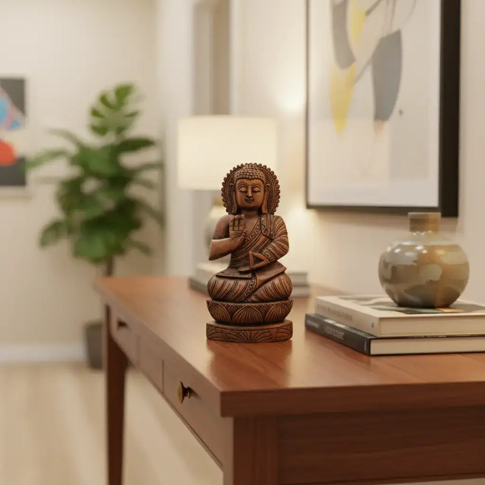 Hand-Carved Wooden Buddha Sitting In Lotus Decorative Background Panel maruthi handicrafts