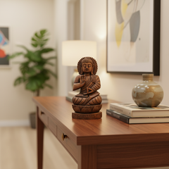 Hand-Carved Wooden Buddha Sitting In Lotus Decorative Background Panel