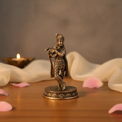 Brass Idol of Lord Krishna with Flute ( Murali ) on Detailed Pedestal Brass Ware