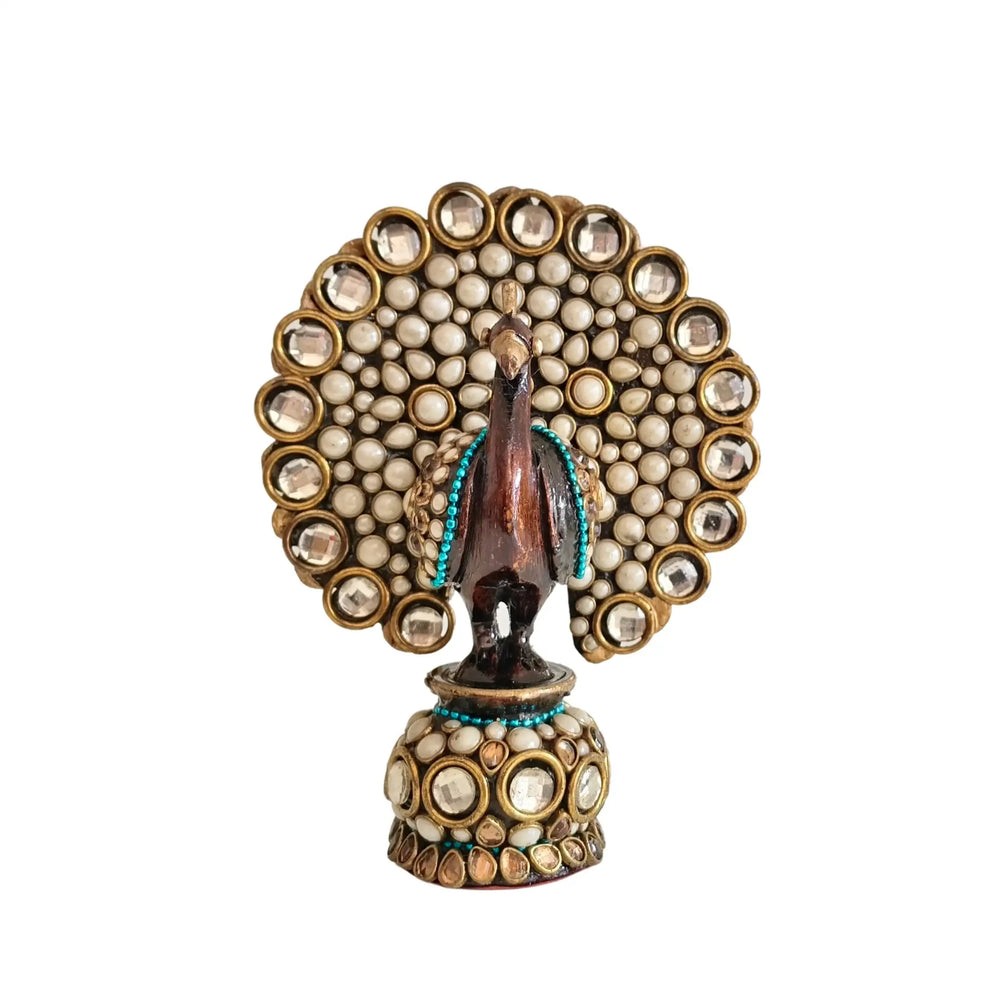 Traditional Indian Style Adorned Peacock Showpiece Idol Wooden Decorative
