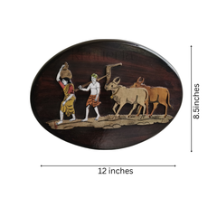 Farmer with Bull and Landscape – Oval Rosewood Inlay Frame