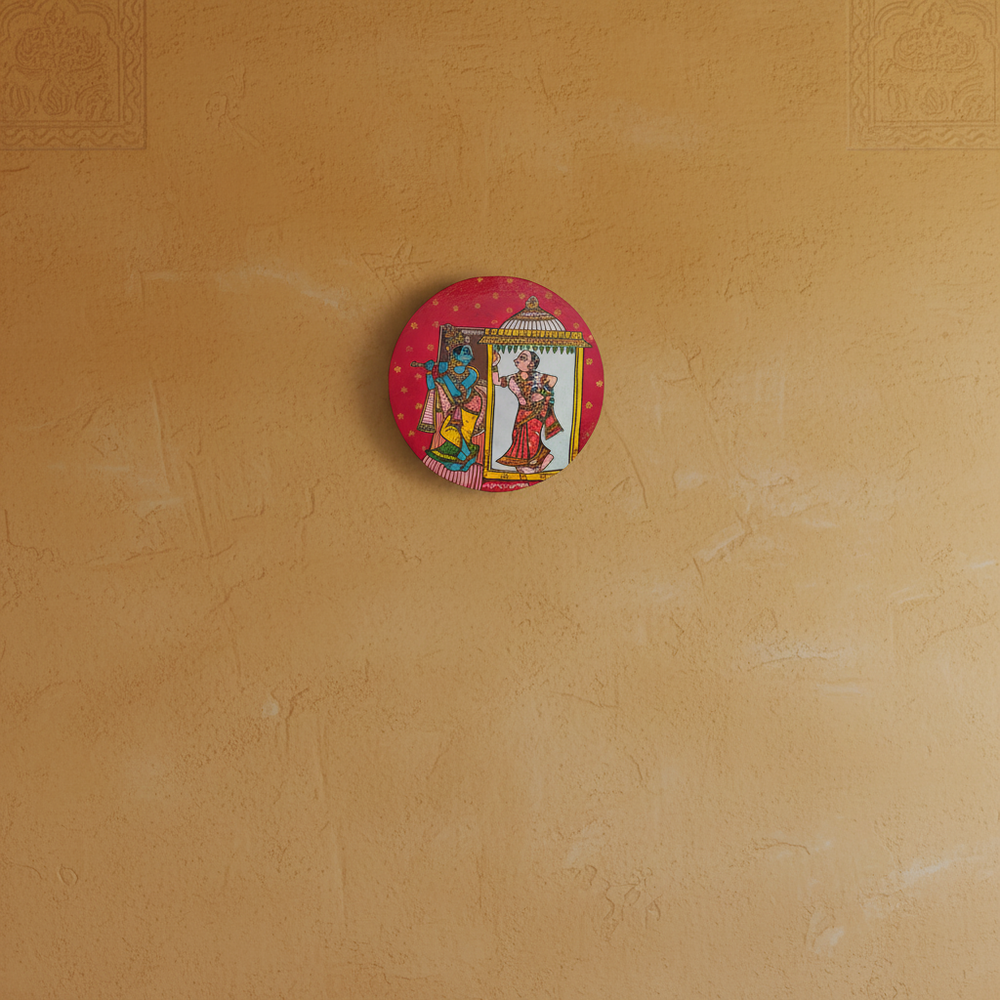 Cheriyal Radha Krishna Doorway Wall Art – Hand-Painted Round Design wall decor