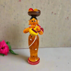 Etikoppaka Wooden Standing Woman Musician with Head Load Etikoppaka Lacquerware