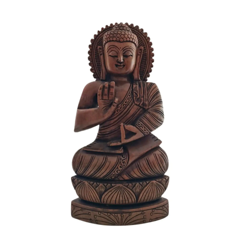 Hand-Carved Wooden Buddha Sitting In Lotus Decorative Background Panel maruthi handicrafts