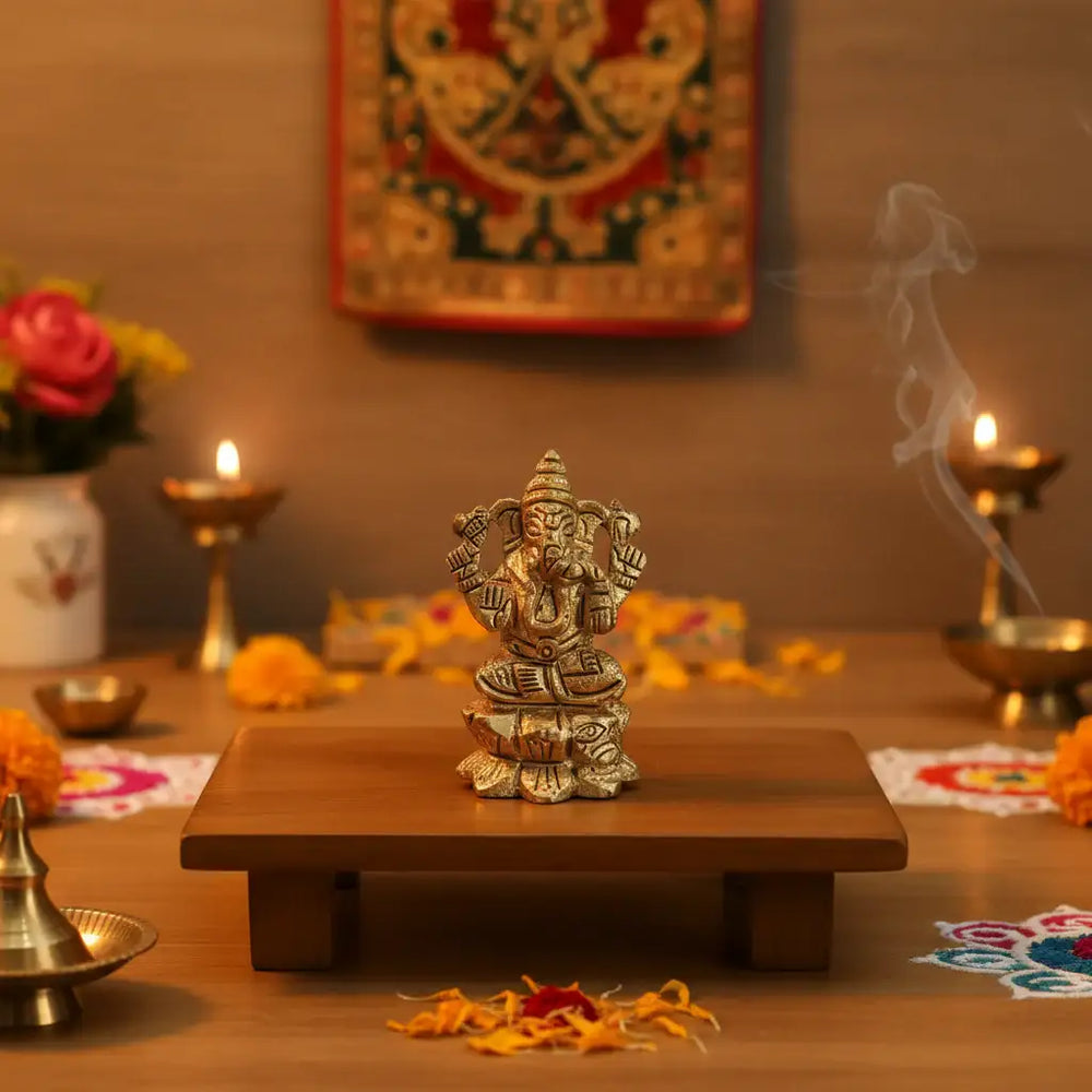 Small Golden Brass Sitting Lord Ganesha Idol - Prosperity Murti Brass Ware
