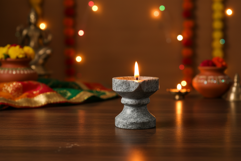 Black Marble Diya with Stand – Oil Lamp for Pooja & Home Décor Marble Soft Stone