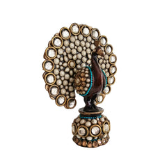 Traditional Indian Style Adorned Peacock Showpiece Idol Wooden Decorative
