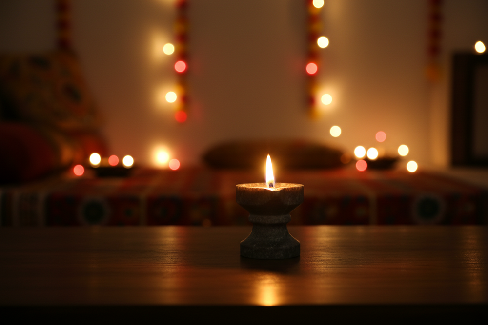 Black Marble Diya with Stand – Oil Lamp for Pooja & Home Décor Marble Soft Stone