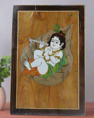 Charming Little Krishna in Rosewood Inlay – Handcrafted Religious Wall Décor