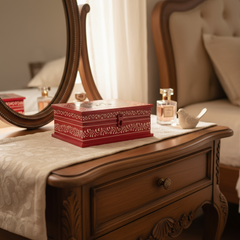 Intricate mandala motif hand-painted wooden jewellery box with colorful detailing and multiple dividers