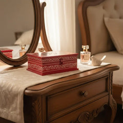 Intricate mandala motif hand-painted wooden jewellery box with colorful detailing and multiple dividers