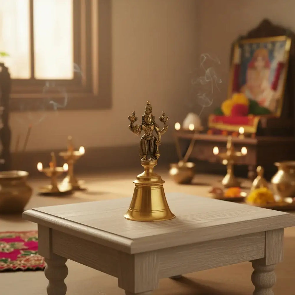 Small Brass Temple Bell with Lord Vishnu Handle Brass Ware