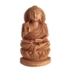 Hand-Carved Wooden Buddha Statue in Vitarka Mudra on Lotus Base