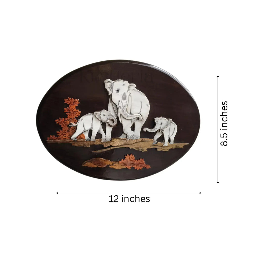 Elephant Family in the Forest – Oval Rosewood Inlay Art Frame Inlay Art